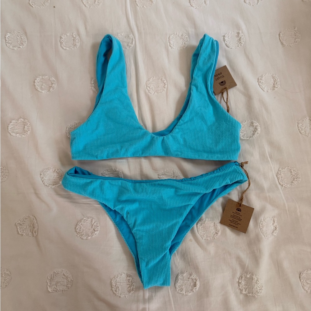 Blue Ribbed Toast Swim Bikini Set